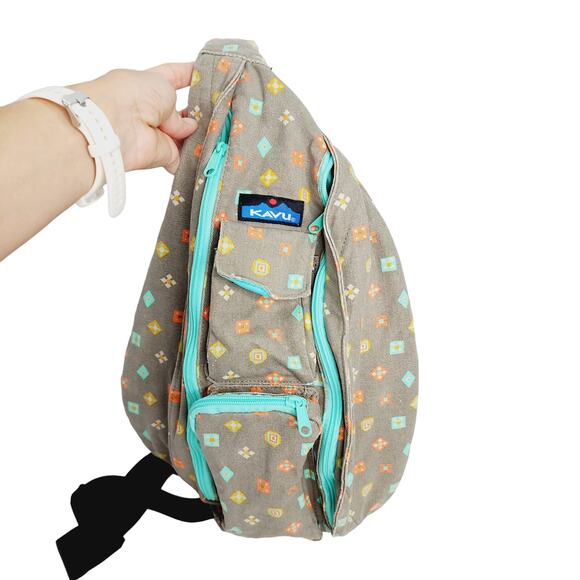 Kavu Gray & Teal Geometric Print Rope Sling Crossbody Bag Cotton Back Pack - Picture 1 of 16